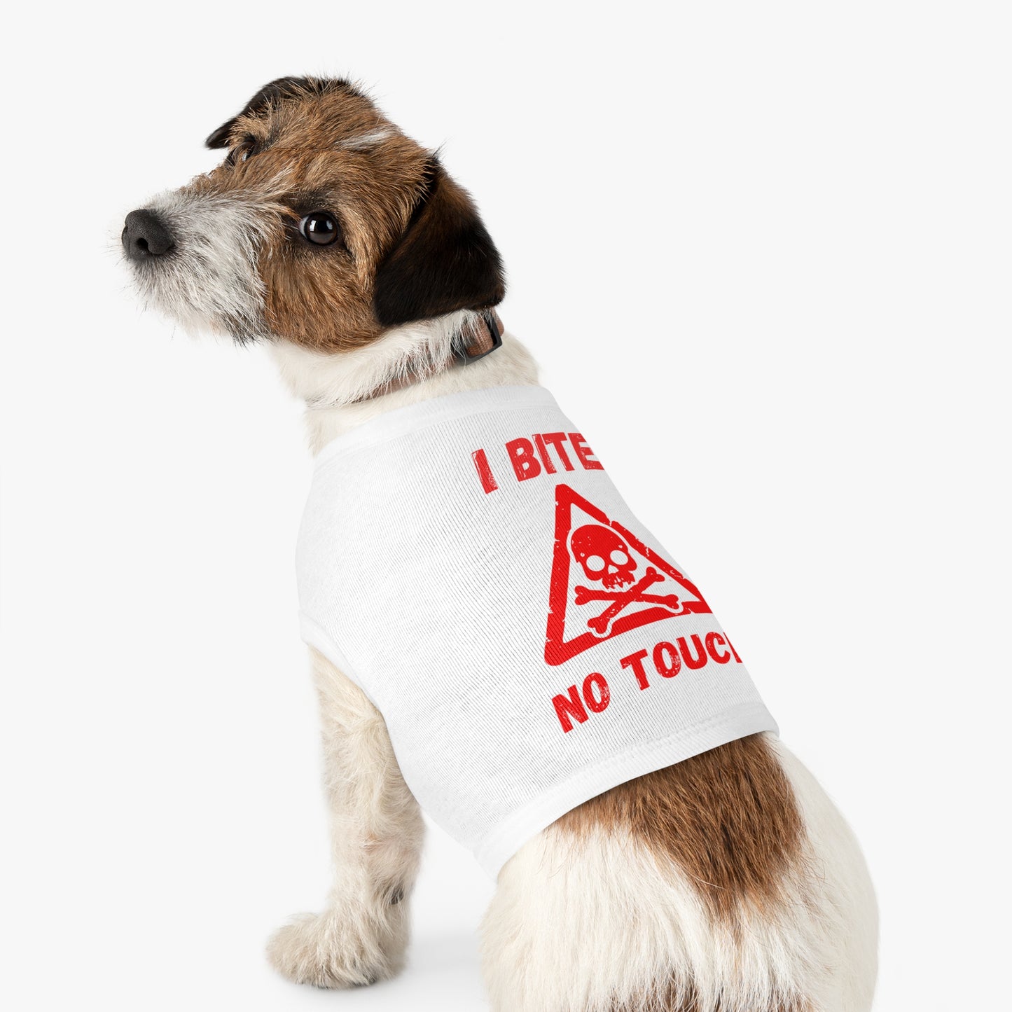 Pet Tank Top — "I Bite No Touch" Red Skull Dog/Cat Warning Shirt