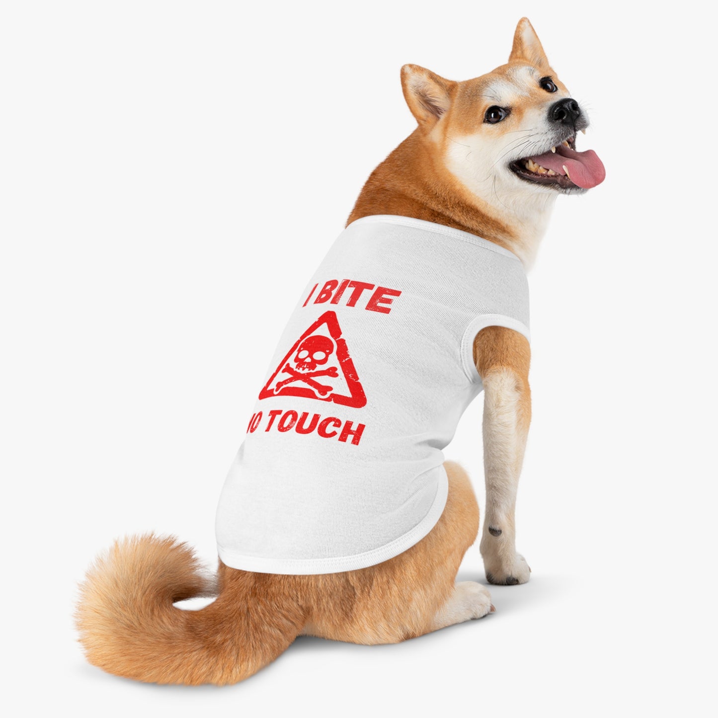 Pet Tank Top — "I Bite No Touch" Red Skull Dog/Cat Warning Shirt